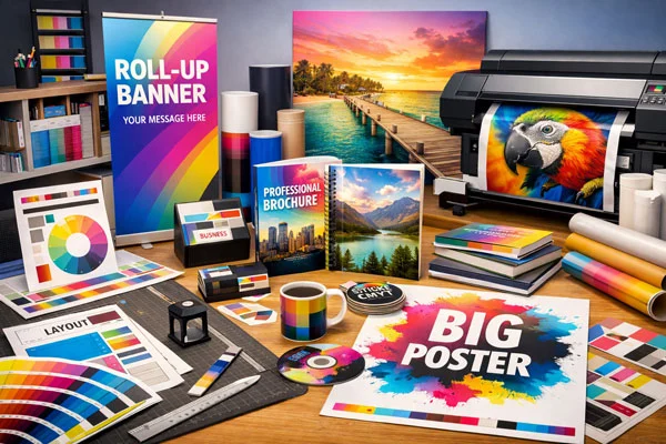 Mockup verschiedener Printprodukte für Hundetrainer: Visitenkarten, Flyer und Banner